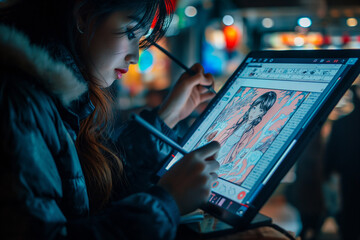 An artist drawing a webtoon on a large screen digital tablet