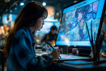 An artist drawing a webtoon on a large screen digital tablet