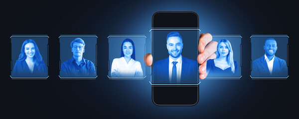 Man showing phone with virtual screen and business people contact icons