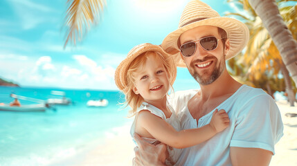 Happy father and child girl having fun on the beach.  father holding girl against blue sea and sky background. Summer vacation concept. generative ai illustration.