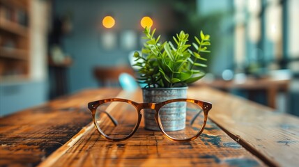 Trendy Eyeglasses on a Wooden Table Beside a Potted Plant - obrazy, fototapety, plakaty