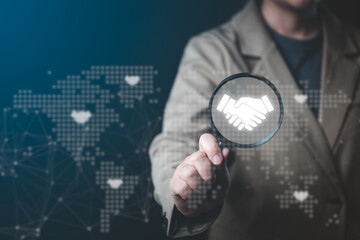 Discover strategic international business cooperation as a businessman demonstrates a virtual screen for global collaboration