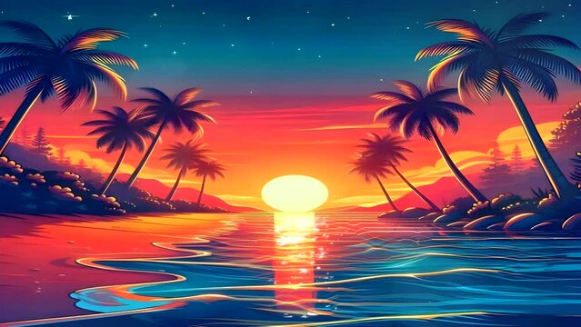 tropical island with sunset 