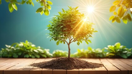 Small tree growing with sunshine in garden. eco concept bright,  - obrazy, fototapety, plakaty