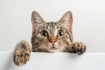 Cat with paws on surface peeking over white wall. Curious feline on isolated backdrop. - obrazy, fototapety, plakaty