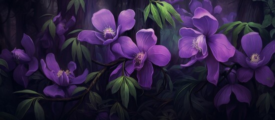 A vibrant painting featuring purple flowers and green leaves set against a dark background,...
