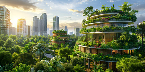 futuristic cityscape full with greenery parks and green spaces in urban area. generative ai  - obrazy, fototapety, plakaty