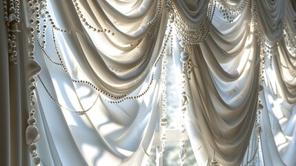 Background curtains made of thick white fabric with fringe - obrazy, fototapety, plakaty