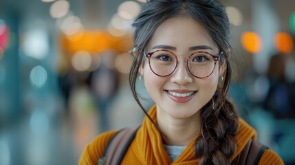 Smiling Young Woman in Stylish Glasses and Sweater