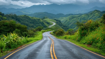 Fototapeta premium Winding Mountain Road Through Lush Greenery After Rain