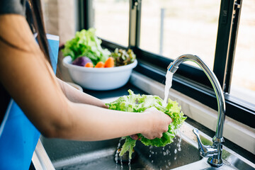 Hygienic food preparation, woman's hands wash various fresh vegetables under running water in a...