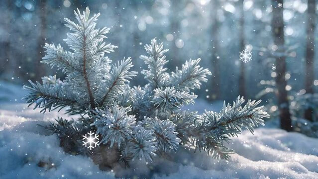 Snowy pines, sunlight dances on snowflakes, a picturesque 4k looping Christmas video scene.