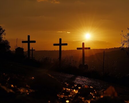 The soft glow highlights the Christian cross on the hill.