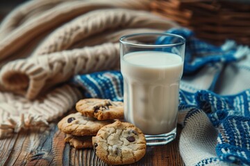 Classic scene: a glass of milk with cookies on the table. Comforting and nostalgic.