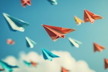 A cluster of paper airplanes. Simple yet playful origami creations. Concept idea, new business