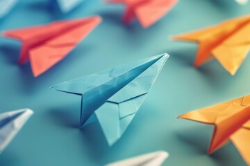 A cluster of paper airplanes. Simple yet playful origami creations. Concept idea, new business - obrazy, fototapety, plakaty