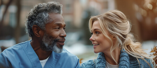 An elderly man and a young woman spend time together outside, smiling at each other and enjoying their shared moment.