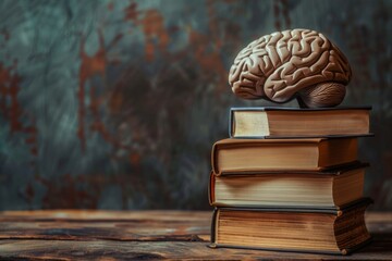A stack of books topped with a brain. Symbolizing intellect and wisdom. Back to school illustration - obrazy, fototapety, plakaty