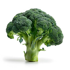 Close up of a broccoli head, a leafy green vegetable, on a white background