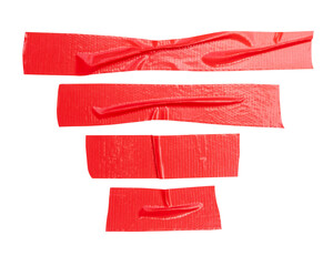 Top view set of wrinkled red adhesive vinyl tape or cloth tape in stripes shape isolated with...