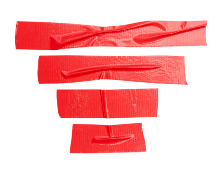 Top view set of wrinkled red adhesive vinyl tape or cloth tape in stripes shape isolated with clipping path in png file format