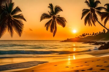 Fototapeta na wymiar Sand beach, palm trees, and an island. panoramic view of the beach