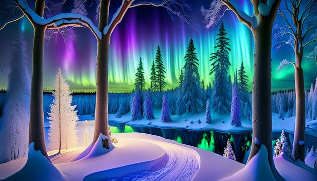 Visualize the northern lights dancing over a snow-covered landscape. This scene could include a frozen lake, pine trees weighed down with snow, and the vibrant colors. AI Generated