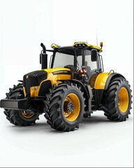 A tractor with a yellow and black color scheme on a white background, in the style of ultra realistic photography.