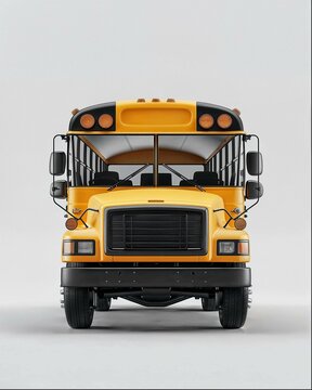 A yellow school bus, front view, white background, in the style of C4D rendering, super realistic, super detailed, studio lighting, high resolution photography