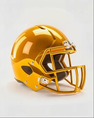 Fototapeta premium A gold metal football helmet with a black visor and eye cups is displayed on a white background. It has an industrial design style that gives it a high quality look.