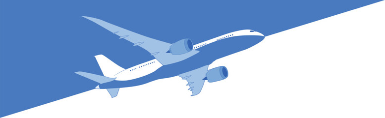 Plane flies upward, dividing sky into blue and white. Vector template for web page header