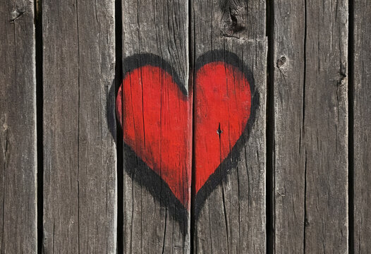 Bright red heart as a symbol of love drawn on a wooden vintage background