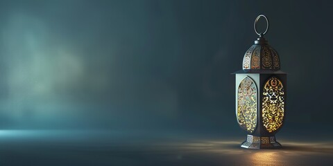 Traditional ornate lantern glowing on a dark, moody background.