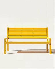 A yellow bench, made of wood and metal, stands against the white background. The bench has a simple design with slats that form an elegant structure. It has two armrests on each side for comfort while