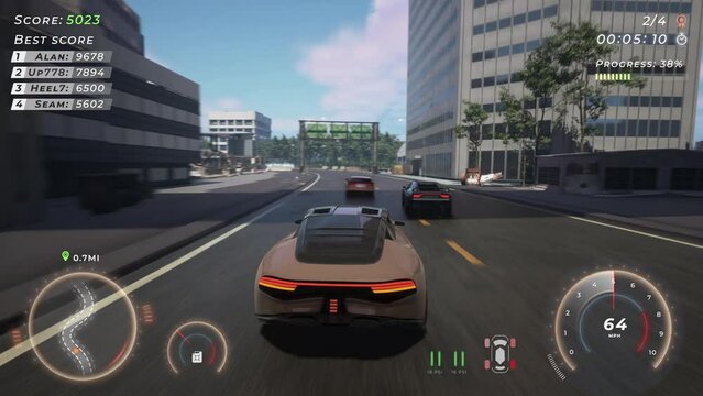 Animation of the black race car in the competitive driving gaming simulator. Controlling the race car on the street map of a gaming challenge. Winning the gaming race in a fast car.