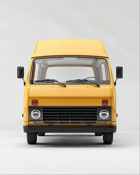 front view of a yellow food truck on a white background, rendered in a photorealistic and cinematic style in Octane, a high resolution 3D rendering with hyperrealistic details, taken from the front