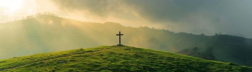 As the first light of dawn breaks, it unveils a Christian cross atop the verdant hill.