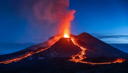Volcan explosion lava de noche paisaje fuego - obrazy, fototapety, plakaty