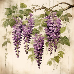 Vintage Wisteria Vine Etching: A delicate vintage-style etching that beautifully presents a wisteria vine with cascading purple blooms, set against a soft parchment background