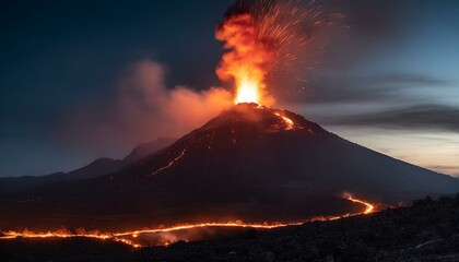 Volcan explosion lava de noche paisaje fuego - obrazy, fototapety, plakaty