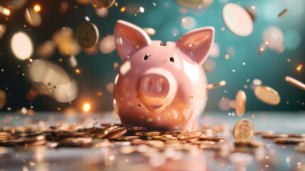 Piggy moneybox with falling gold coins on light blue background. Concept of savings and accumulation, Pig money box with golden coins, generative ai