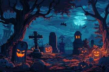 Vector illustration: Realistic Halloween cemetery scene. Spooky backdrop for designs.