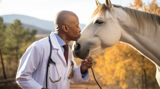 A handsome African American black Man, a veterinarian wearing a white lab coat kissing a brown horse on a ranch at sunset. - Powered by Adobe