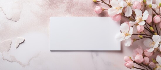 A white card adorned with delicate pink flowers, set upon a marble background. The elegant gesture of nature in bloom, a beautiful fusion of plant, petal, and artistry