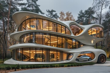 Futuristic forest dwelling: Modern Art Nouveau house with sustainable elements
