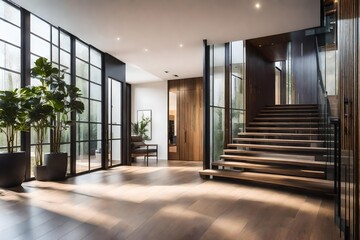 Glass-walled entry hall and foyer including a staircase, console table, bench, and wooden door. - Powered by Adobe