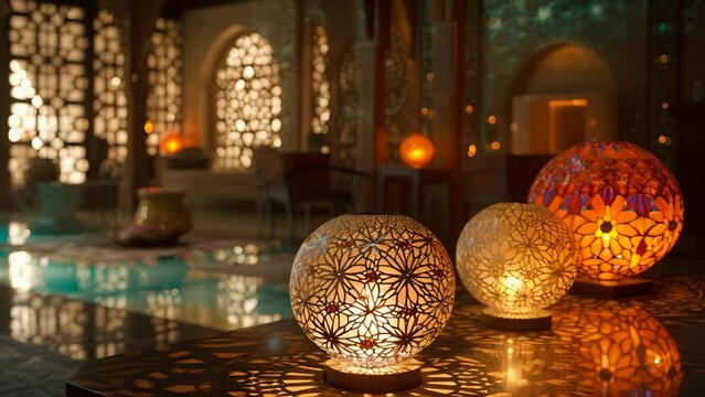 Ornate glowing spheres in a dimly lit room