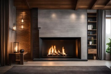 Large villa decor featuring a fireplace, cement wall look, and television.