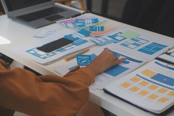 Close up ux developer and ui designer use augmented reality brainstorming about mobile app...