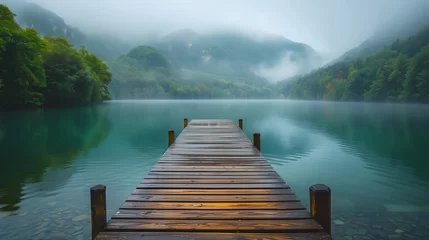 Zelfklevend Fotobehang Wooden pier in middle of lake, mountain, beauty in nature, summer © antkevyv